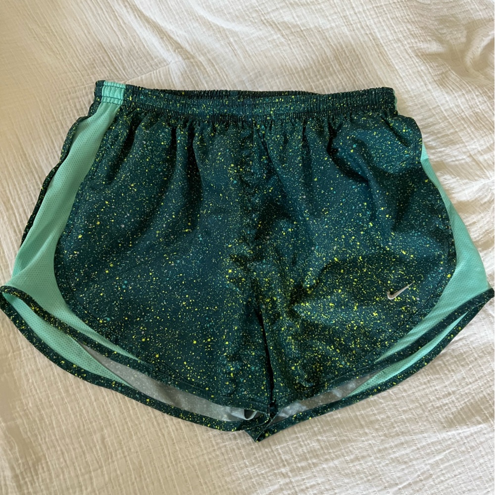 Nike shorts, deep blue/green with yellow & blue splatter, size M